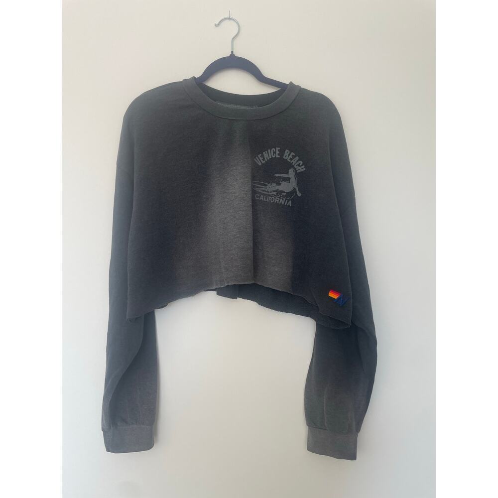 AVIATOR NATION VENICE SURFER CROPPED CREW SWEATSHIRT RELAXED - FADED SMOKE SZ XL